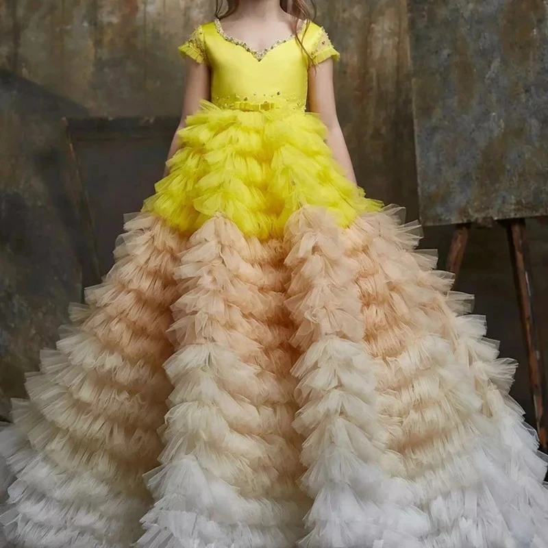 Luxe Kristal Kralen Bloem Meisje Jurken Voor Bruiloft Tiered Tulle V-hals Eerste Communie Jurk Kinderen Pageant Gown Custom Made