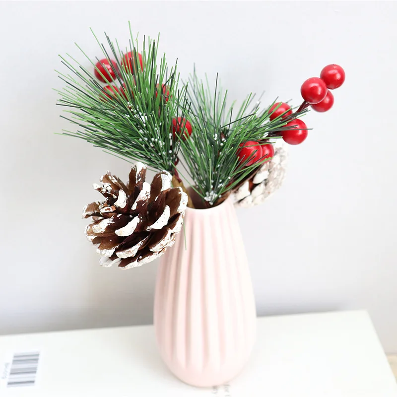 

Christmas Decor Artificial Flower Stamens Pearl Branches Mixed Berry For Wedding Decoration DIY Pine Cone With Holly Fake Flower