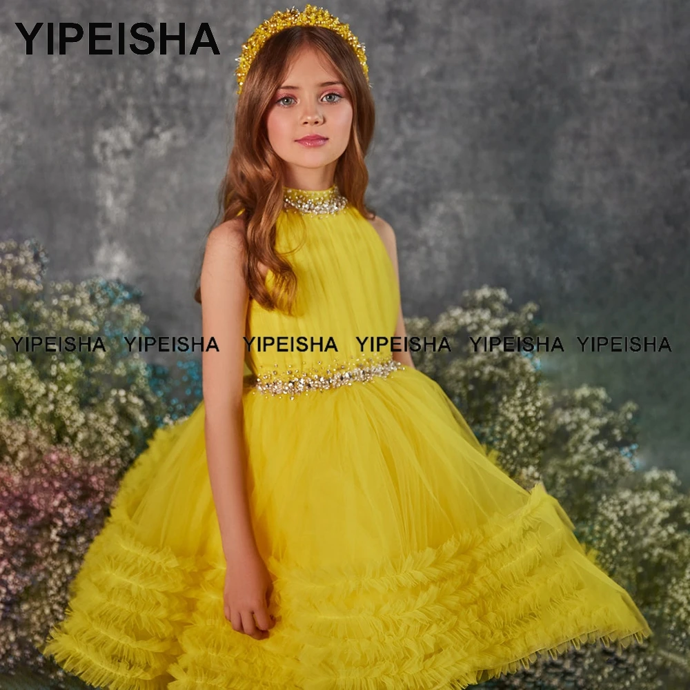 Yipeisha-vestido de princesa con cuello Halter amarillo para niña, vestido de flores con gran abalorios hasta la rodilla, para baile de graduación, vestidos para desfile para niña