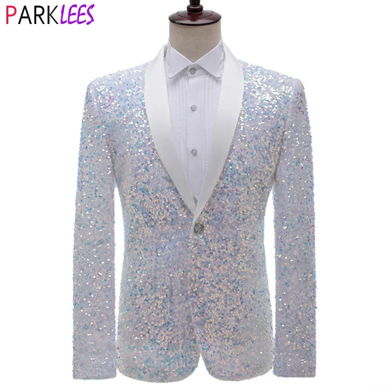 Blazer de esmoquin con lentejuelas blancas brillantes para hombre, cuello de Chal, vestido de un botón, Chaqueta de traje, ropa de escenario para