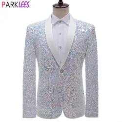 Blazer de smoking à paillettes blanches brillantes pour hommes, col châle, robe à un bouton, veste trempée, vêtements de scène, fête de mariage, nouveau, 2023