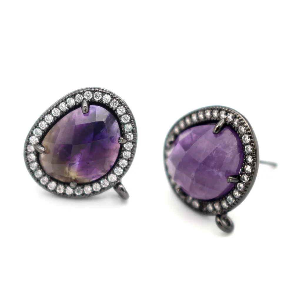 10pairs Natural Amethyst Lapis Stone Stud Earring Connectors Linkers CZ Paved Black Findings For DIY Dangle Earrings Making