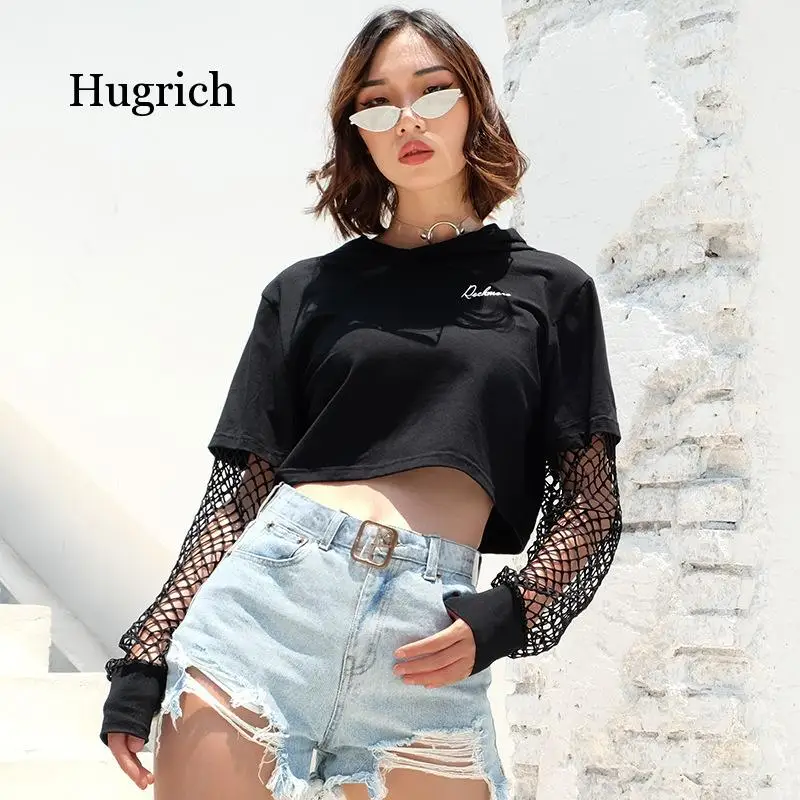 Women Fish Mesh Sleeve Hooded Navel Bare Cropped Tops Pullovers Grunge Hoodies Hollow Out Casual Sweatshirt 2021