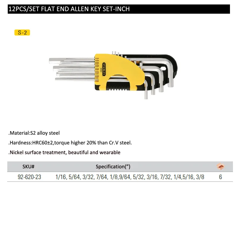 Stanley 12pcs/set short long allen key set inch 1/16 5/64 3/32 to 3/8 hex shank flat end imperial hex key wrench sets S2 steel