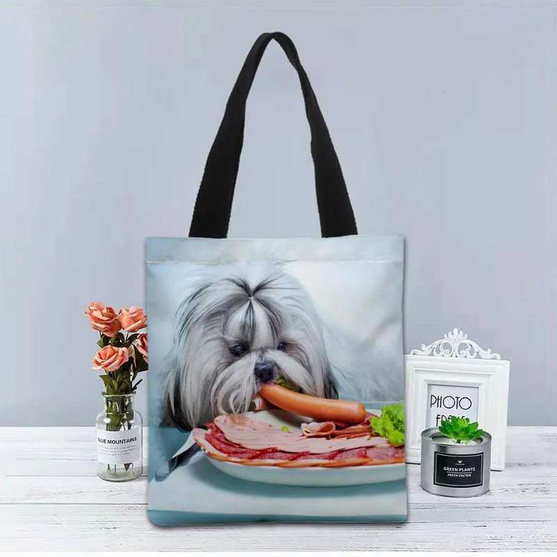 

Custom Shih Tzu Dog Tote Bag Canvas Fabric Handbag Two Sides Printed Shopping Bags Traveling Casual Useful Shoulder Bag 1208