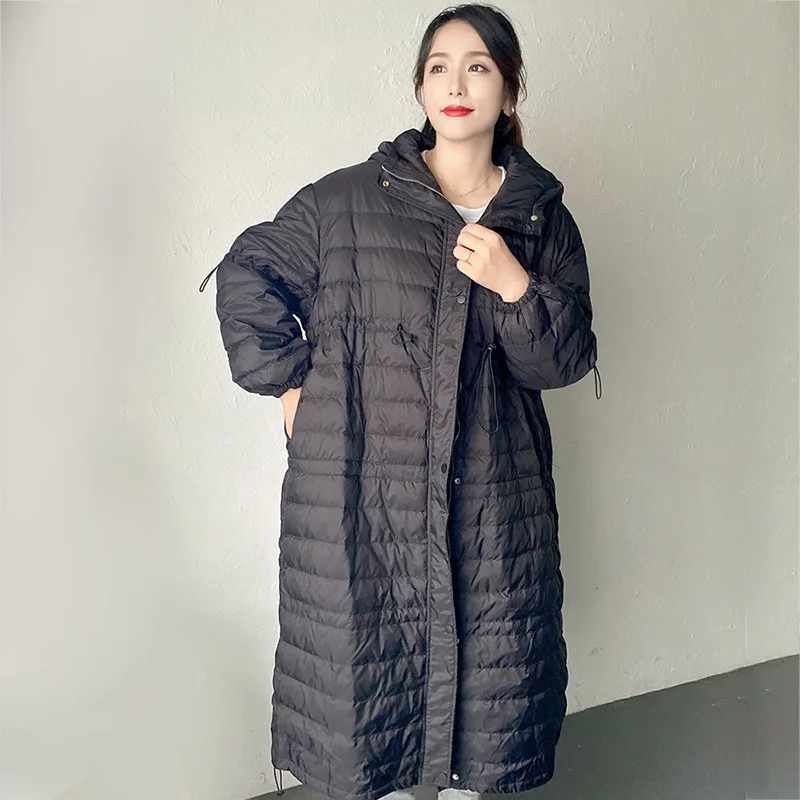 Women down jacket long loose white duck down 120kg large size fat lady hooded light 2021 new pregnant mother women\'s warm coat