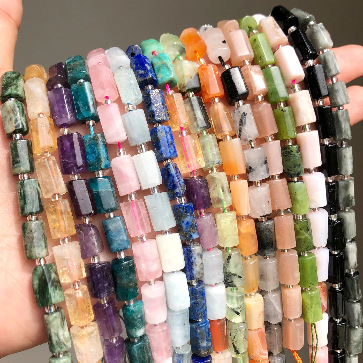 Natural Stone Quartz Kunzite Tourmaline Amethyst Aquamarines Faceted Cylinder Spacer Beads for Jewelry Making DIY Bracelet 7.5''