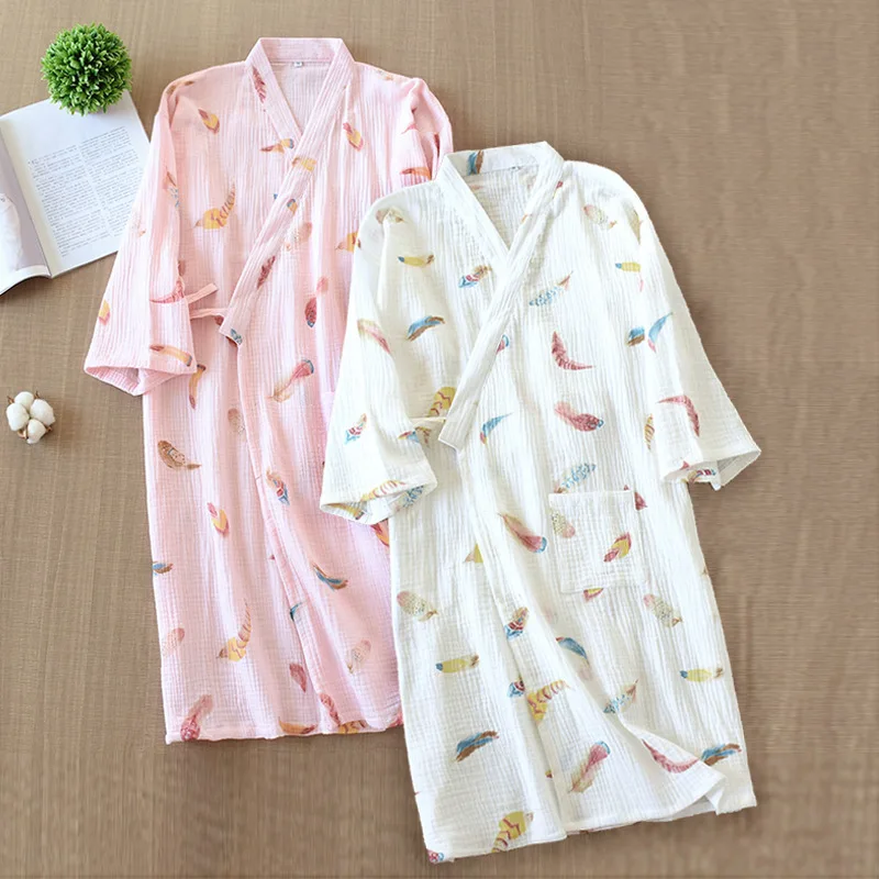 Fdfklak Women Sleepwear Nightwear Robe Pink/White Print Spring Autumn Casual Cotton Bathrobe Belt Elegant Bathroom Spa Robe