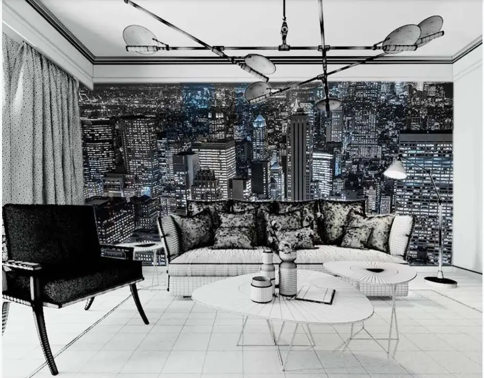 wallpaper for walls 3 d for living room Modern city night scene living room background wall