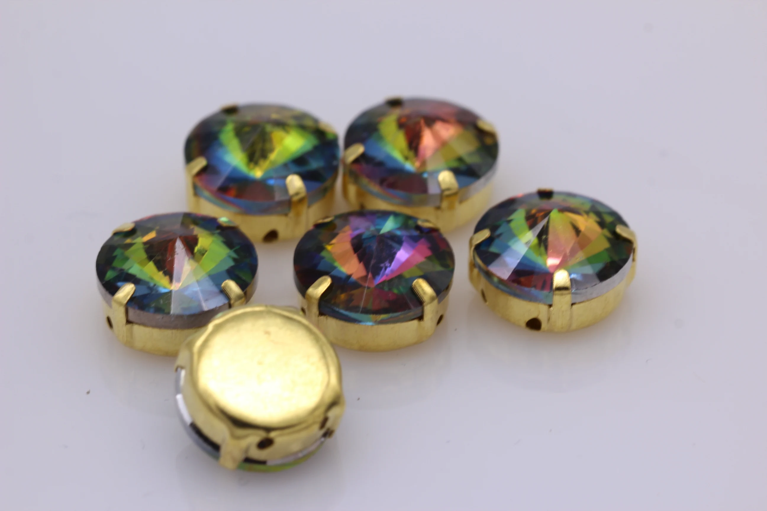 24Colors 6/8/10/12/14/16/18/25MM Rivoli Round Sew on Rhinestone Crystal With Golden Button For Garments Jewelry Shoes Diy Trims
