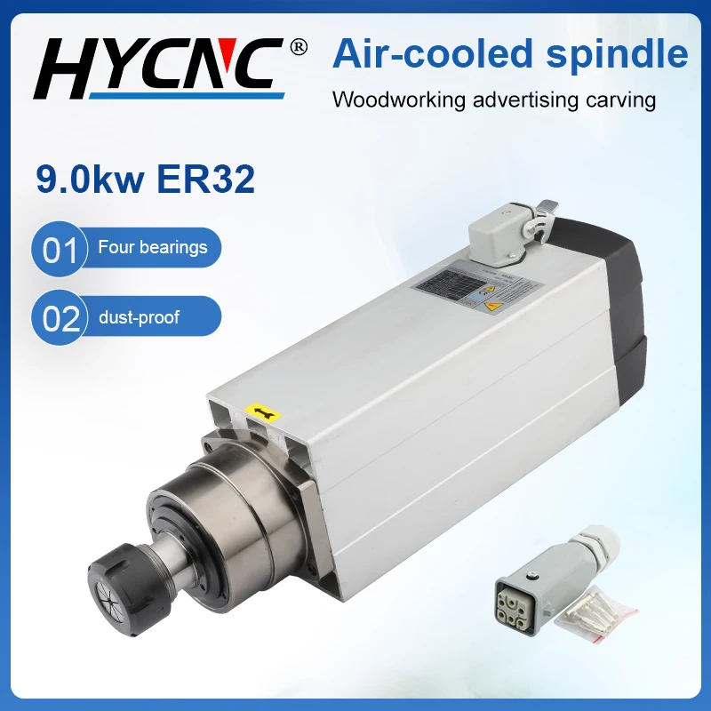 9KW ER32 Square Air-Cooled Spindle High-Speed Motor With 4 Ceramic Bearings Woodworking Engraving Machine Parts