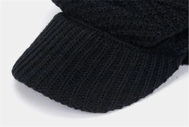 Men Winter Hat Scarf Set Women Warm Knitted Plush Hooded Hat Scarf With Brim Male Visor Beanies Adult Solid Cap Ring Scarves