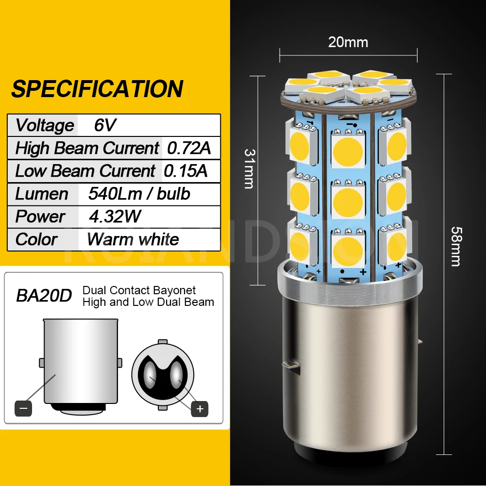 1pc 3W 540Lm BA20D LED Motorcycle Headlight H6 Scooter Motorbike Headlamp Hi/Lo Light Bulb Accessories Warm White 6V 12V