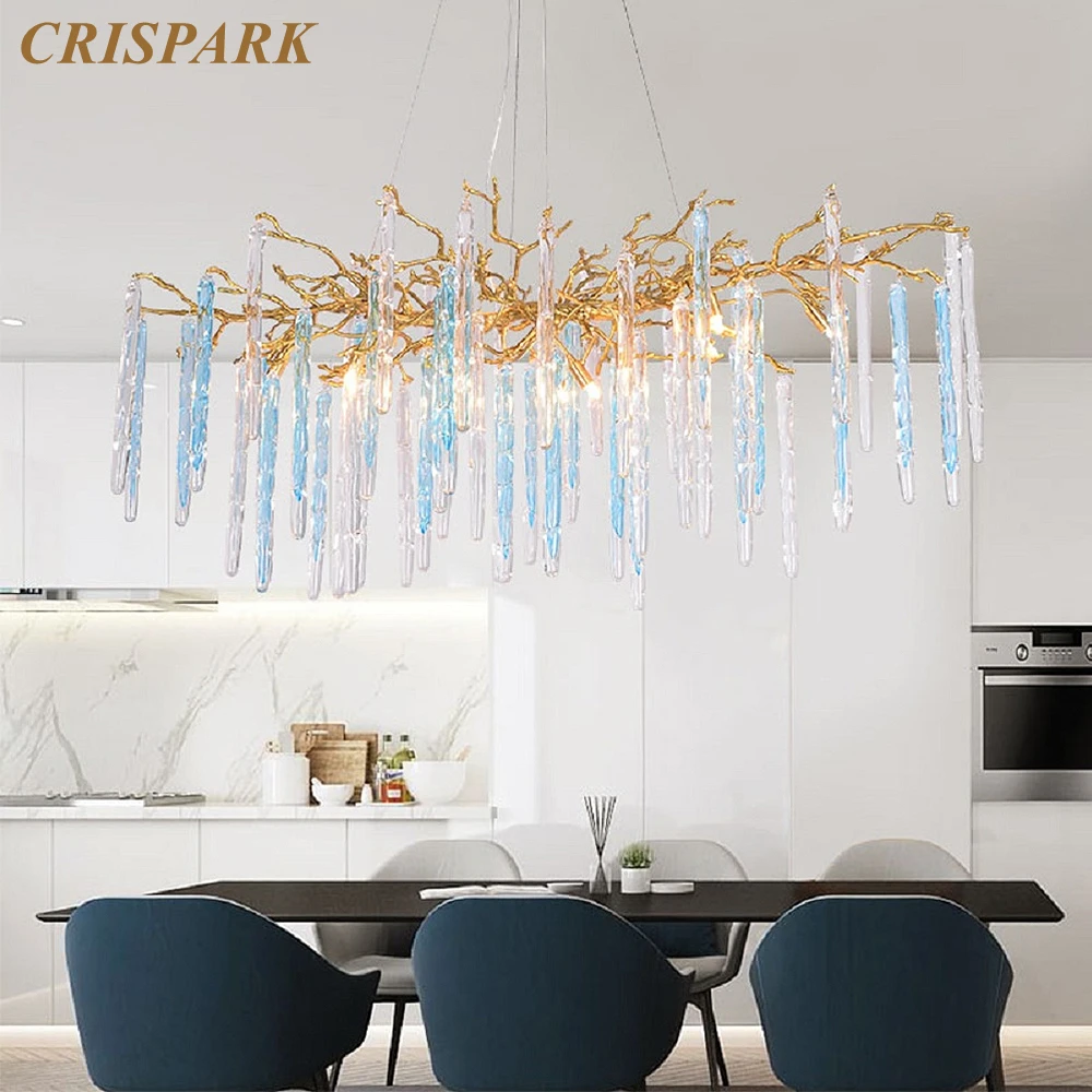 Luxury Branch Chandelier Light LED Modern Glass Waterdrop Chandelier Lamp Copper Decorative Tree Lustre Lamp for Kitchen Island