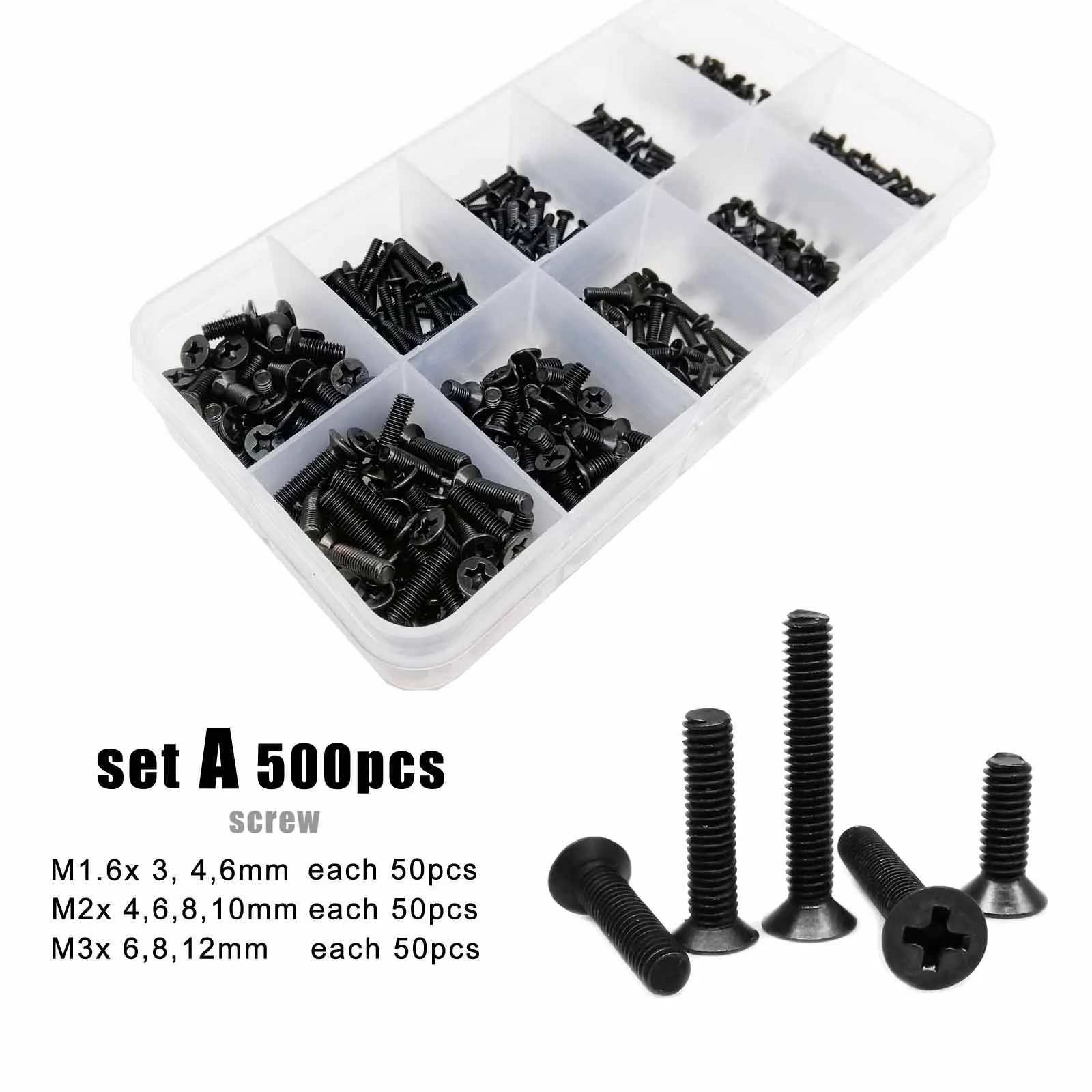 500/750/1500pcs M1.4 M1.6 M2 M2.5 M3 Black Steel Small Phillips Cross Flat Countersunk Head Screw Bolt Nut Set Assortment Kit