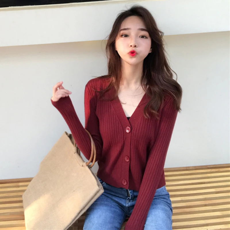 Knit Cropped Cardigan Women V-neck Red Yellow Blue Black Beige Cardigan Spring Autumn Korean Elegant Long Sleeve Sweaters Female