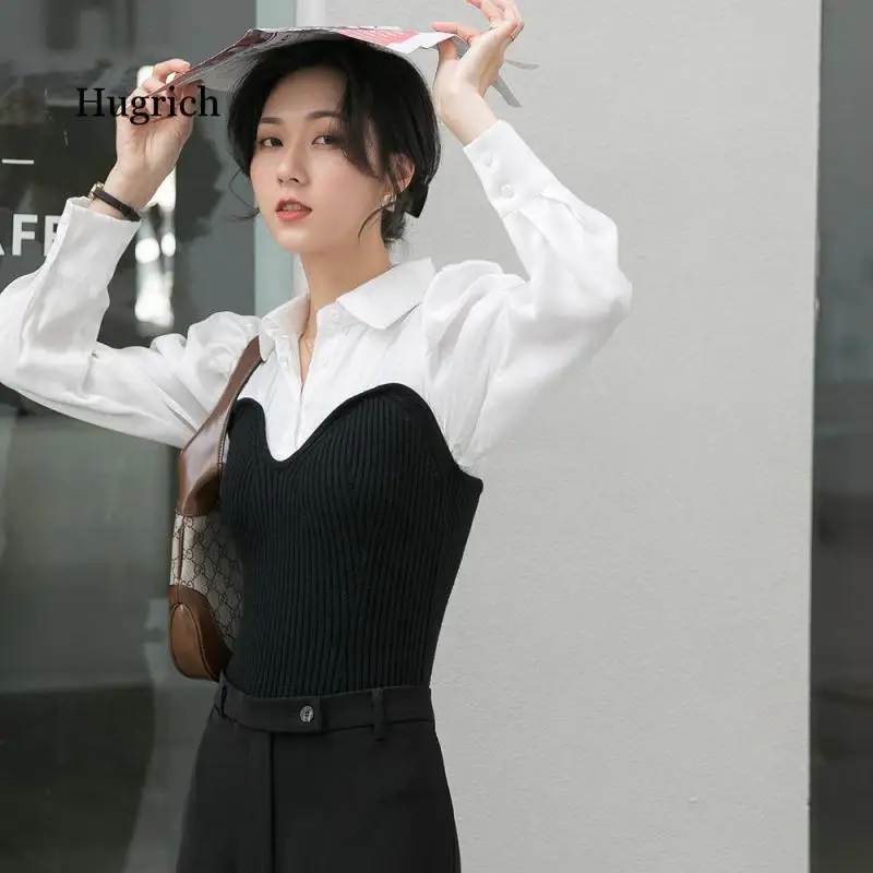 2021 Korean Spring New Simple Fashion Lapel Fake Two Slim Stitched Knitted Long Sleeve Shirt