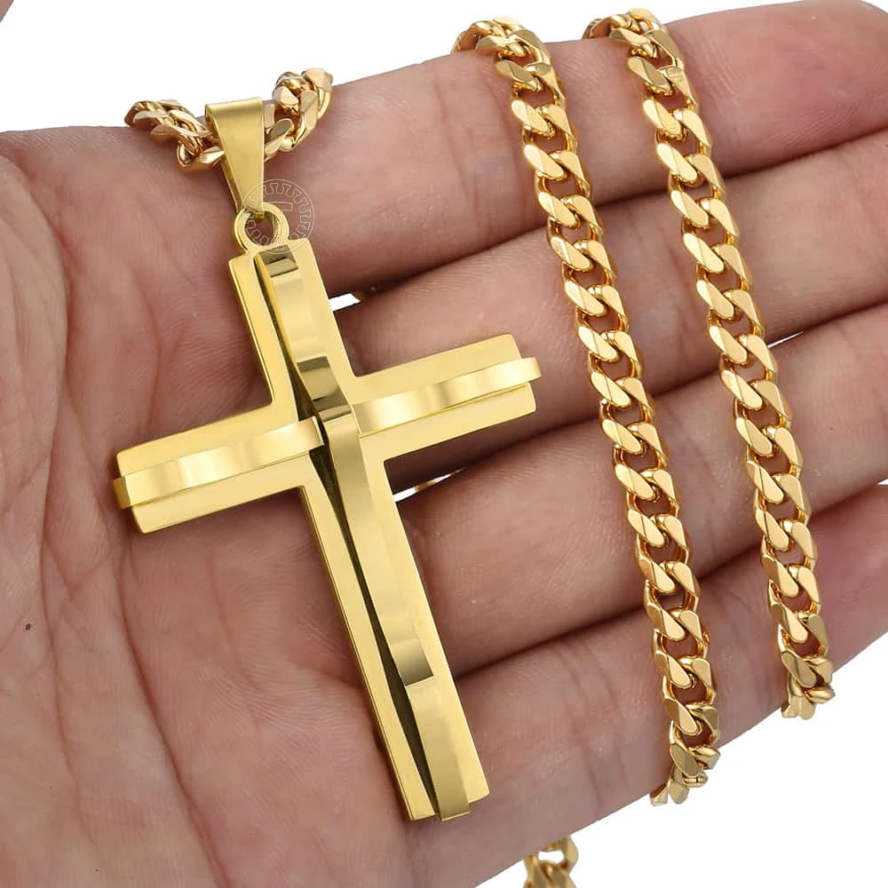 Punk Miami 2 Teile/satz Gold Farbe Big Kreuz Anhänger Halskette für Männer Frauen Edelstahl Curb Cuban Link Kette Chunky schmuck