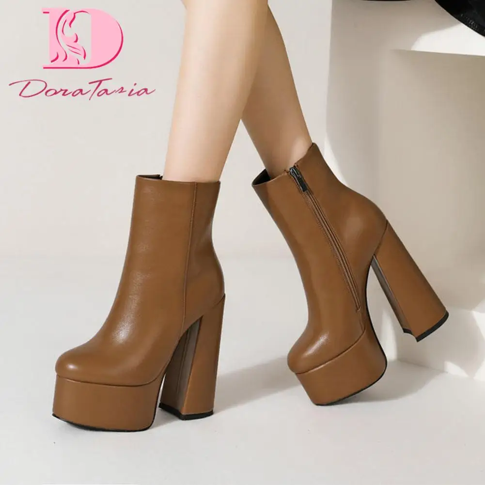 Doratasia Brand New Fashion Female Square High Heels Round Toe Boots Zip Platform Solid Ankle Boots Women Party Footwear Woman