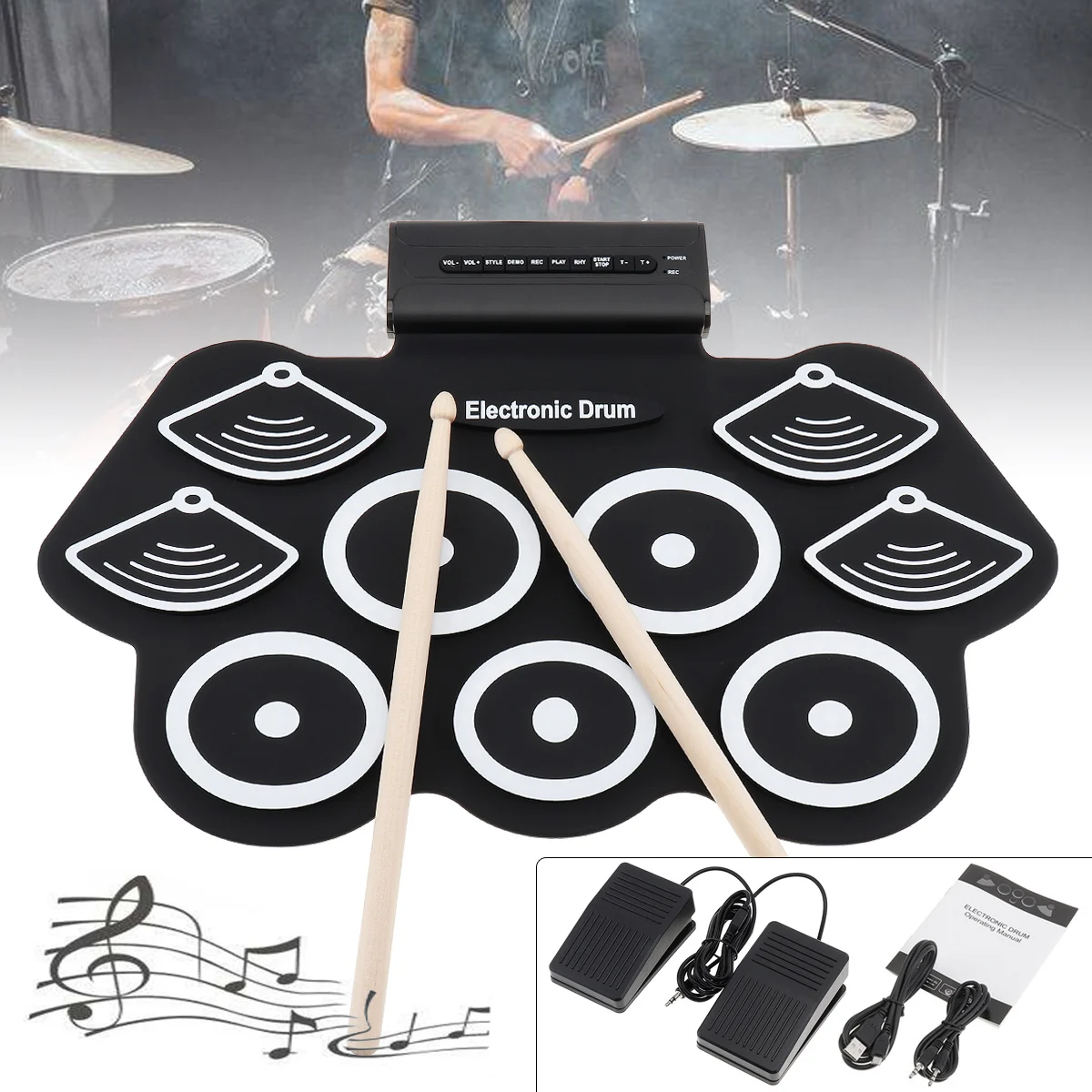 

9 Pads Electronic Roll up Thicken Silicone Drum Electric Drum Kit with Drumsticks and Sustain Pedal