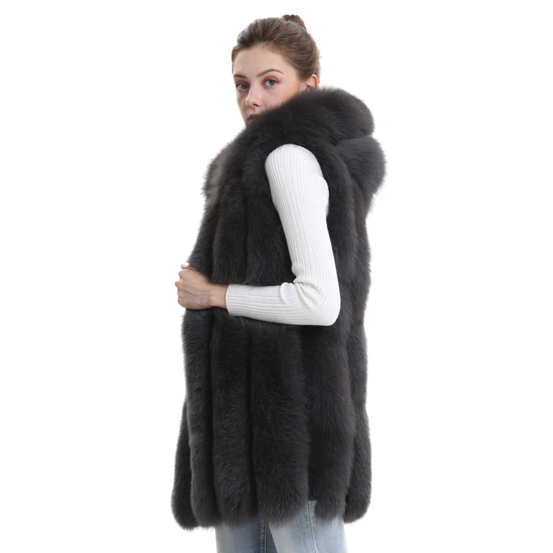 

Real Fox Fur Women Winter Vest Hooded Thick Women Fashion High Quality Striped Real Fur Vest Hot Sale