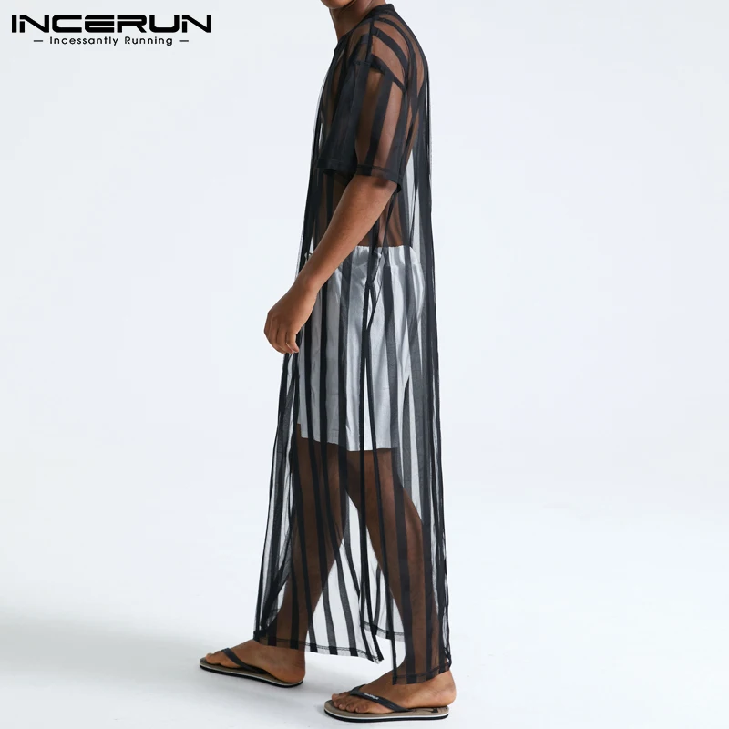 INCERUN 2023 Men Mesh T Shirt Transparent Striped Streetwear Short Sleeve Sexy Long Tops Fashion Party Nightclub T-shirts S-5XL