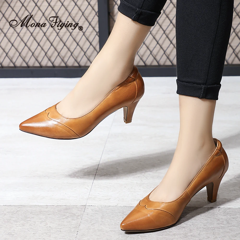 

Mona Flying Women Leather 7cm Dress Pumps Handmade Comfort Elegant Pointed Toe High Heels Ladies Shoes G168-3