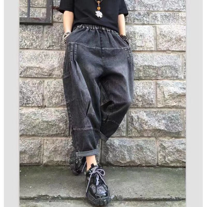 2022 Spring Autumn New Arts Style Women Elastic Waist Loose Jeans Side Double Pocket Cotton Denim Harem Pants Jean V822