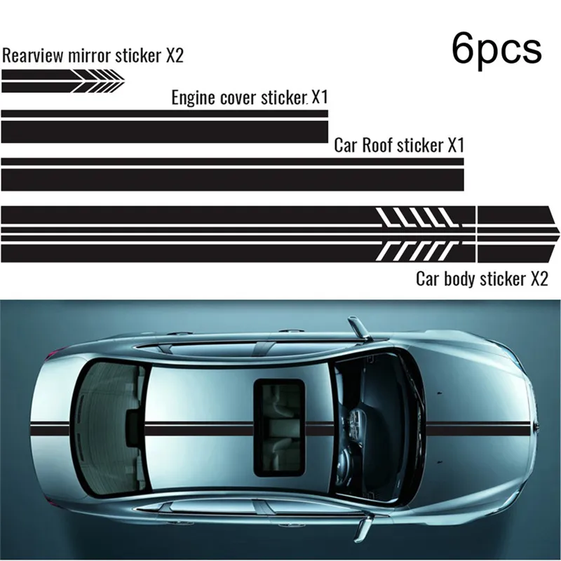 

5/6Pcs Car Roof Hood Stripe Graphic Decal Vinyl Body Racing Door Long Sheet Rearview Mirror Sticker