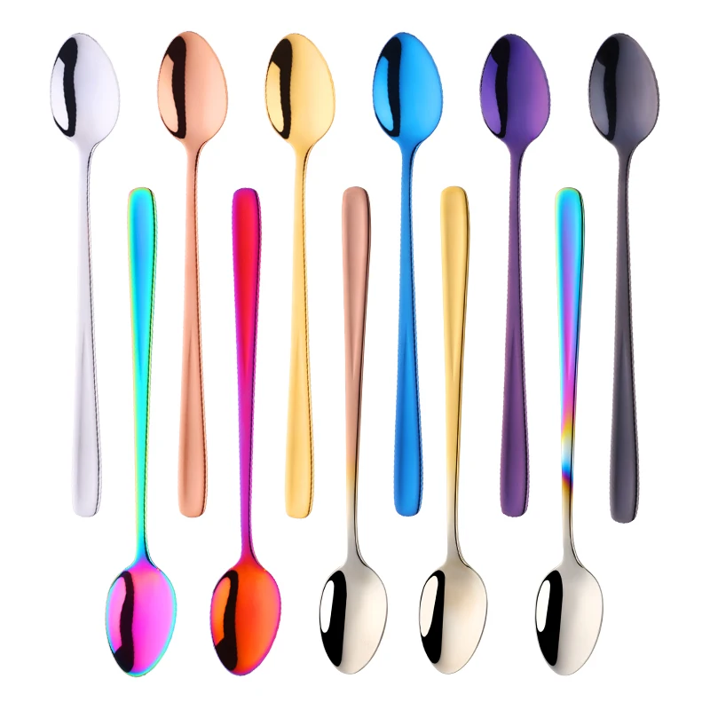 18/10 Stainless Steel Rainbow Ice Spoons With Long Handle Mirror Polished Mixing Stirring Drink Ice Cream Dessert Tea Spoon