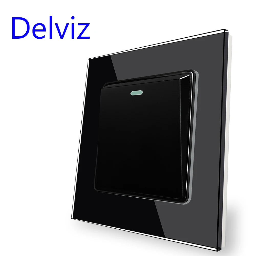 Delviz Toughened Glass Panel, TV computer switch 86mm*86mm, Black 1 Gang 2 Way Push Button Switch, Crystal 16A Wall Power Switch