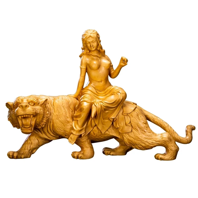 Boxwood 15cm Wood Statue Beauty tiger Office Decoration Figure Statue Home Decor Wood Sculpture Animal Sculpture Collection