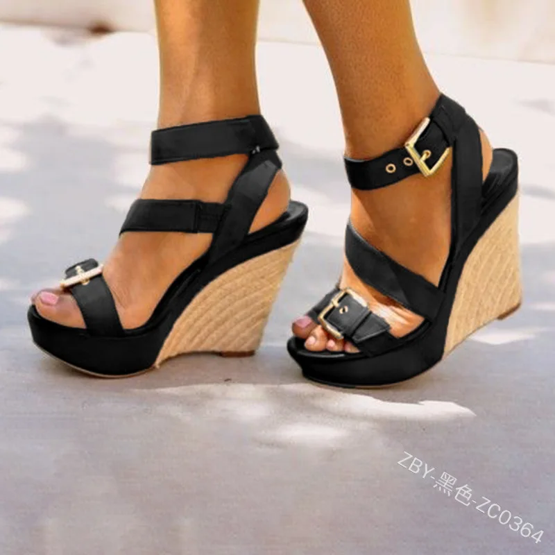 Comfort Shoes for Women Black Platform Sandals Buckle Summer Heels Large Size Clogs Wedge Suit Female Beige Espadrilles Velvet