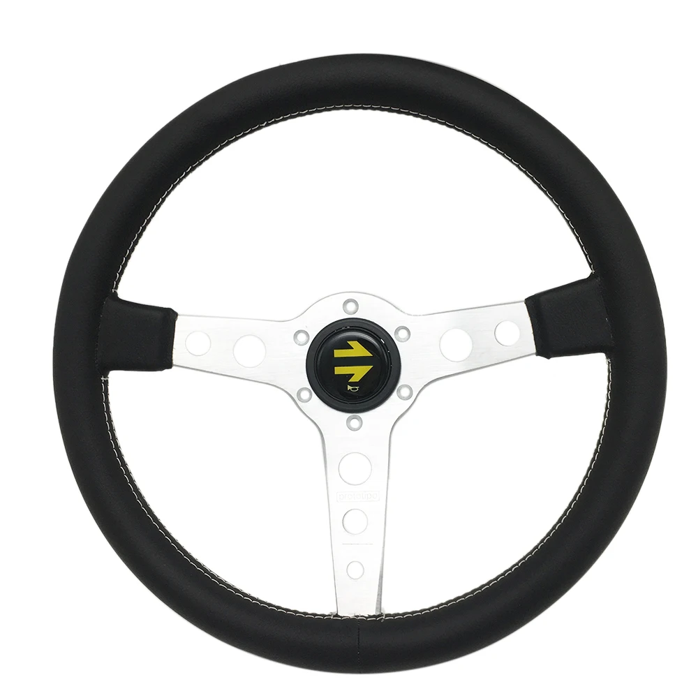 JDM Steering Wheel Real Leather Car Modified Sport 14 Inch 350mm Flat Prototipo Steering Wheel Racing Silver Black Universal