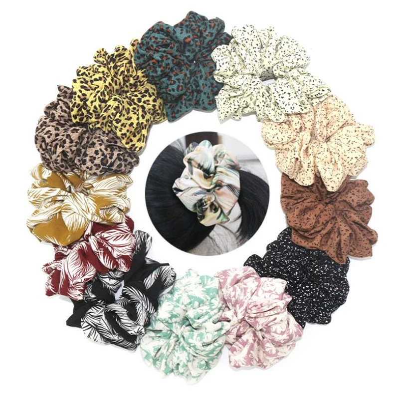 New Super Huge Size Flower Dots Leaves Leopard Print Chiffon Hair Scrunchy Women Large Wide Hair Bands To Hold The Heavy Bun