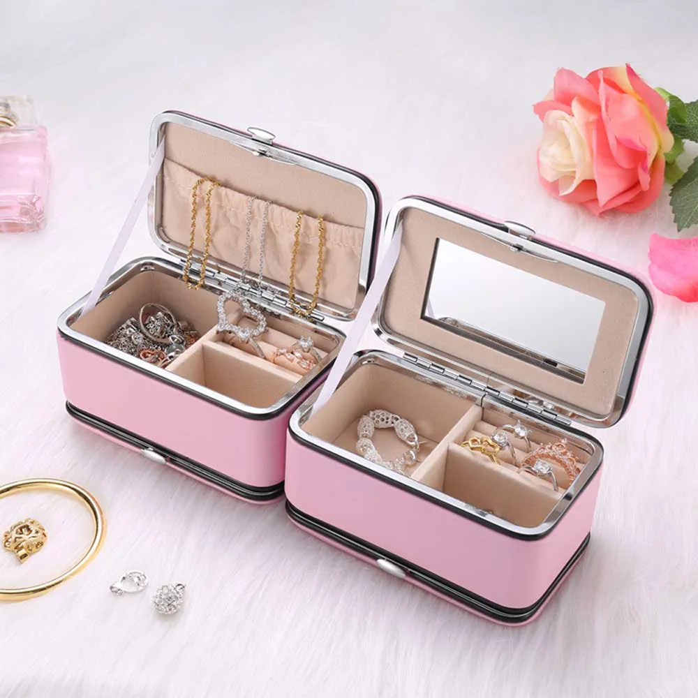 

Small Travel Women's Jewelry Box With Manicure Set 2 in 1 Leather Double-Layer Portable Storage Organizer with Mirror for Ring