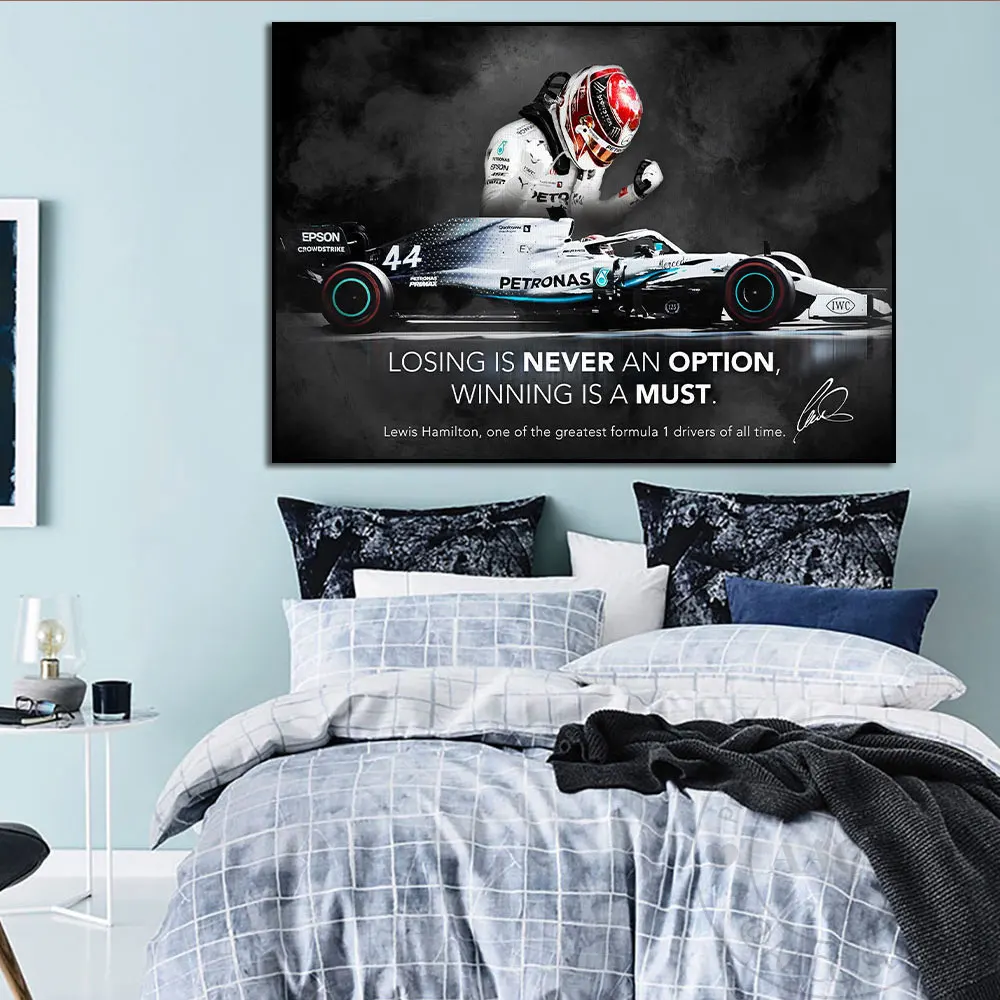 F1 سيارة ملهمة إقتباس المشارك قماش مطبوعة هاملتون تحفيزية صورة اللوحة جدار الفن غرفة المنزل مكتب الديكور