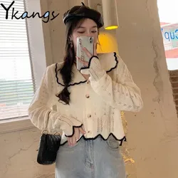 Retro Thin Women Knit Top Y2k All-match Hollow Lotus Leaf Collar Long-sleeved Top Fashion Casual Single Breasted Ladies Cardigan