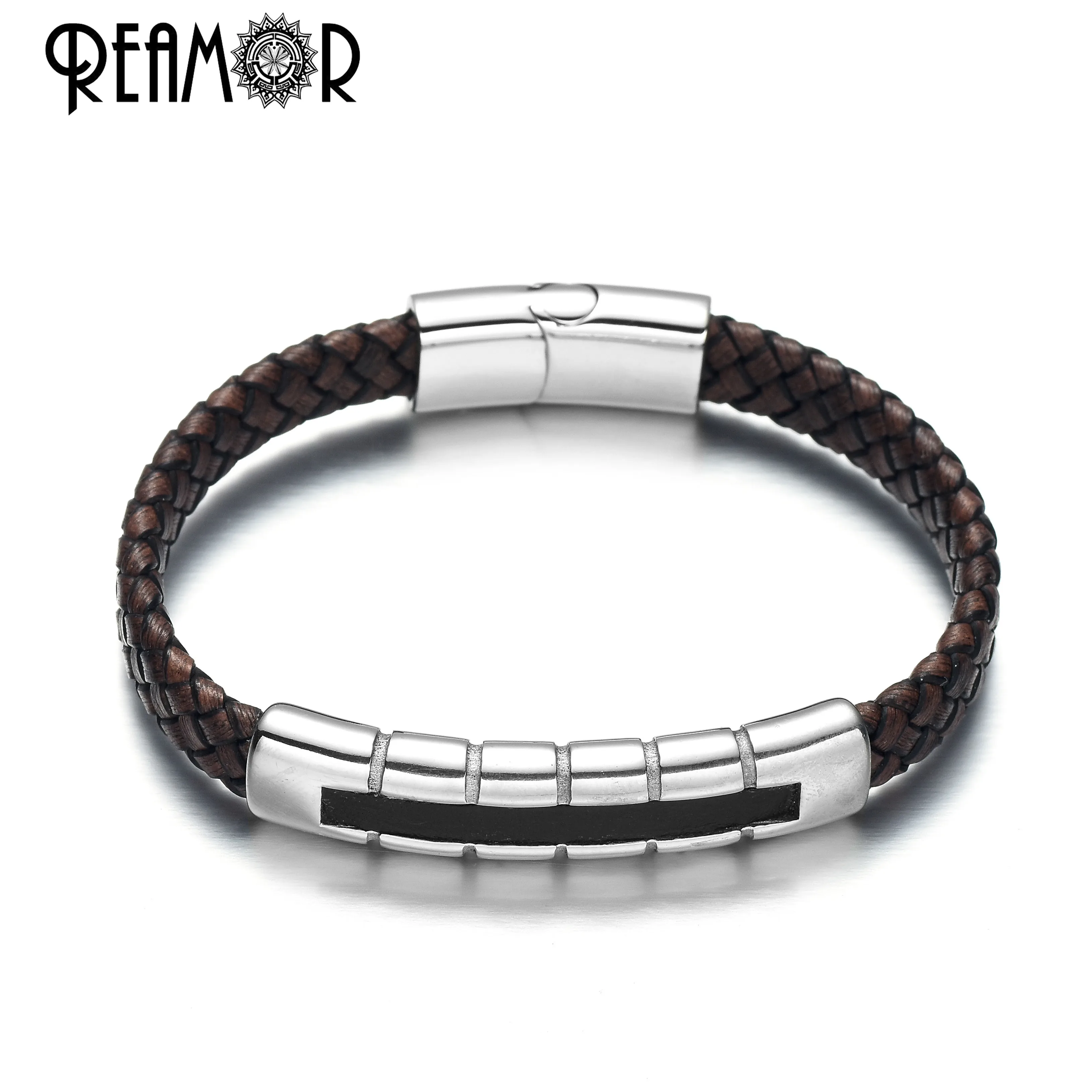 REAMOR Luxury New Stainless Steel Inlay Leather Connector Bracelets Mens Brown Genuine Leather Bracelet Mens Gift Jewelry