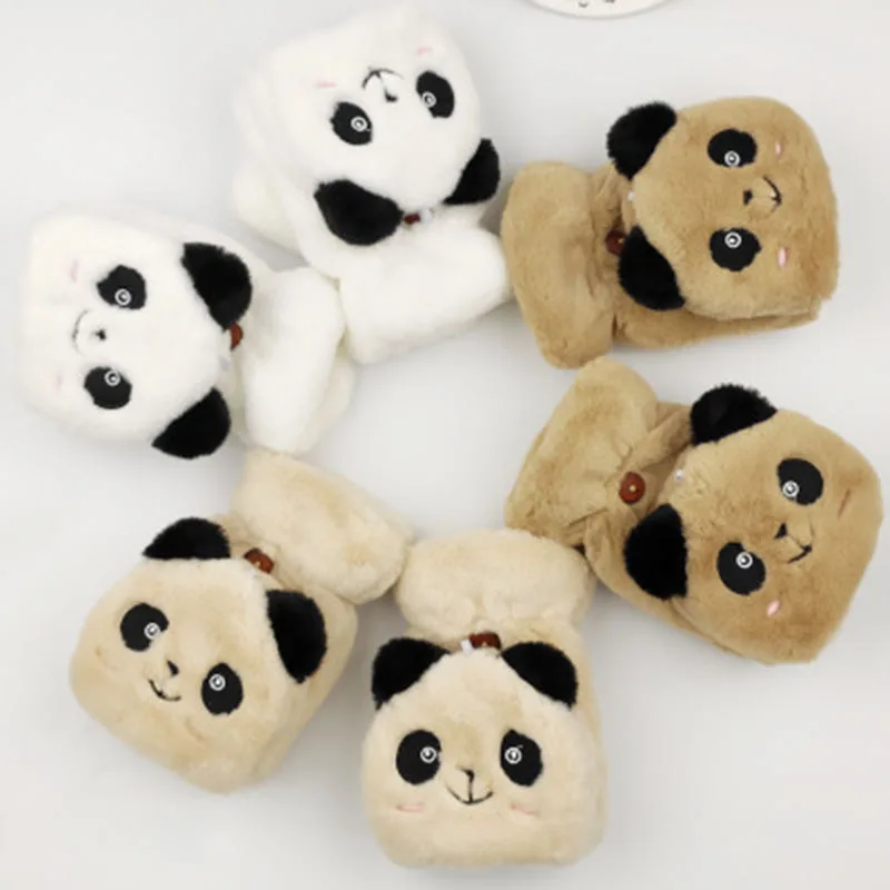 Women Cute Cartoon Bear Panda Half Finger Flap Wool Knit Mitten Winter Female Thicken Plush Cashmere Warm Touch Screen Glove E21
