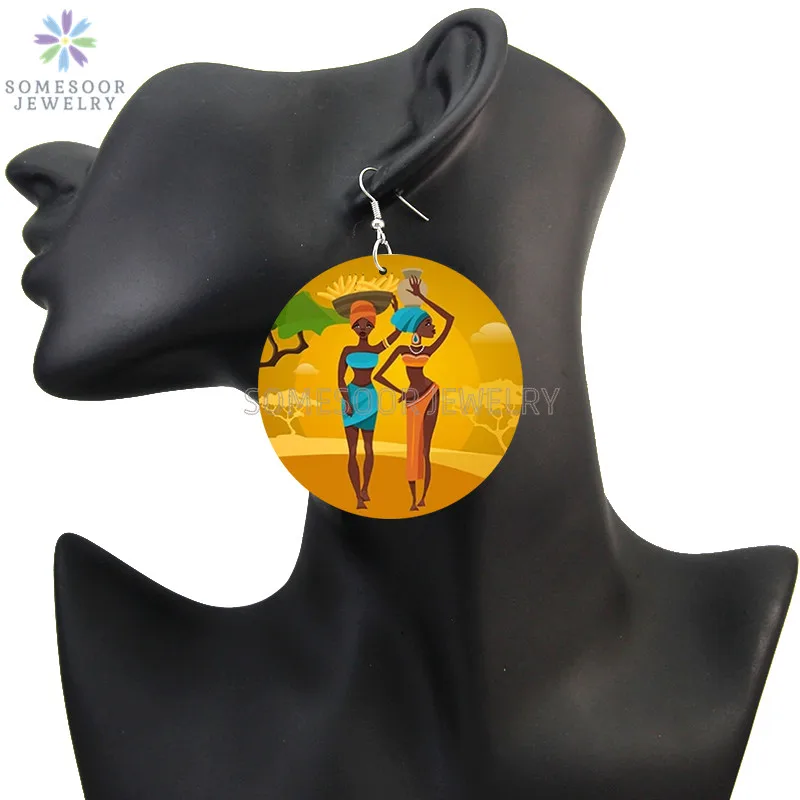 SOMESOOR African Tribal Headwrap Artistic Wooden Drop Earrings Afrocentric Ethnic Tradition Design Loops Jewelry For Women Gifts