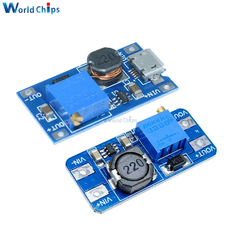 MT3608 DC-DC Adjustable Boost Module 2A Boost Plate DC-DC Step Up Converter Module with MICRO USB 2V-24V to 5V 9V 12V 28V