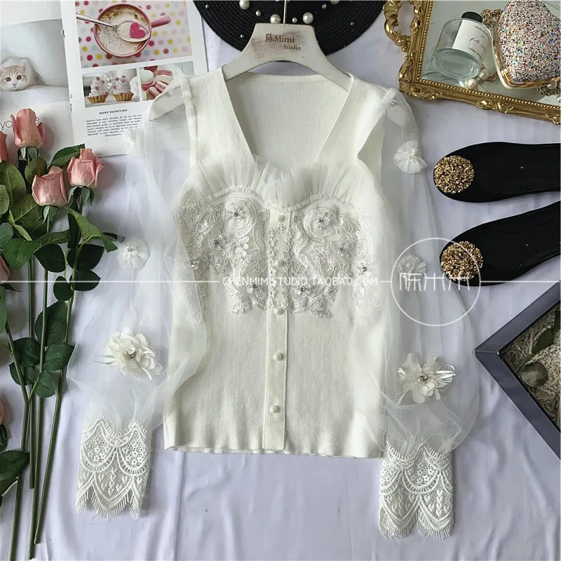 French court style three-dimensional flower nails Lantern sleeve mesh Court princess lace top shirt Fresh sweet lolita cosplay