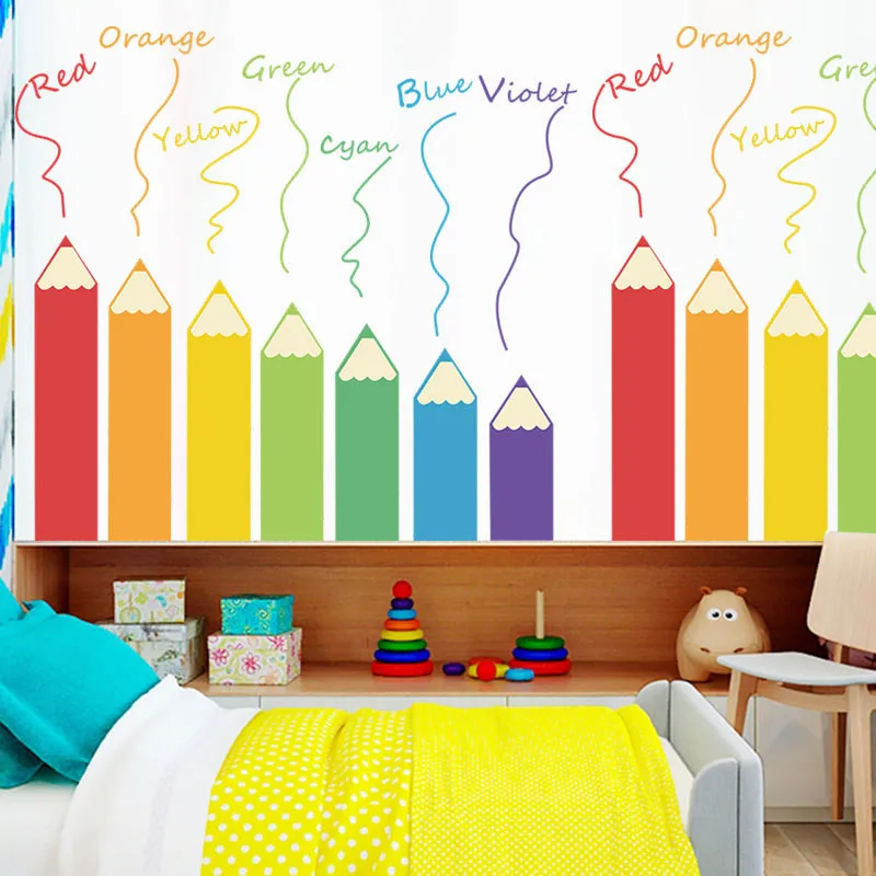 1 PC Cartoon Colorful Pencil Wall Stickers For Kindergarten Tutorial Class Wall Self-adhesive Painting Wallpaper Stickers Funny