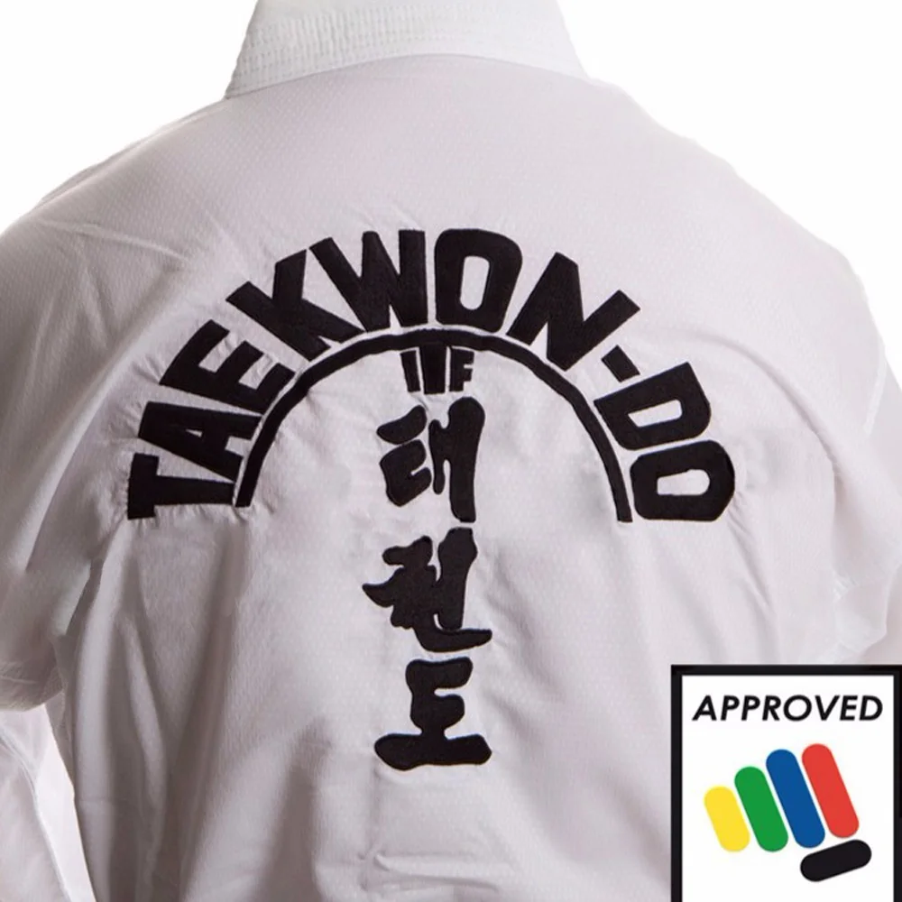 ITF zatwierdzony Taekwondo biały bawełniany Doboks Student z haftem Kimono wzór Taekwondo sztuki walki jednolite dla dorosłych dzieci