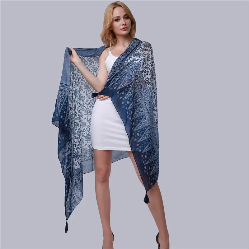 

2023 Summer Women Long Scarves Elegant Blue And White Porcelain Print Tassel Wraps Female National Style Beach Shawls