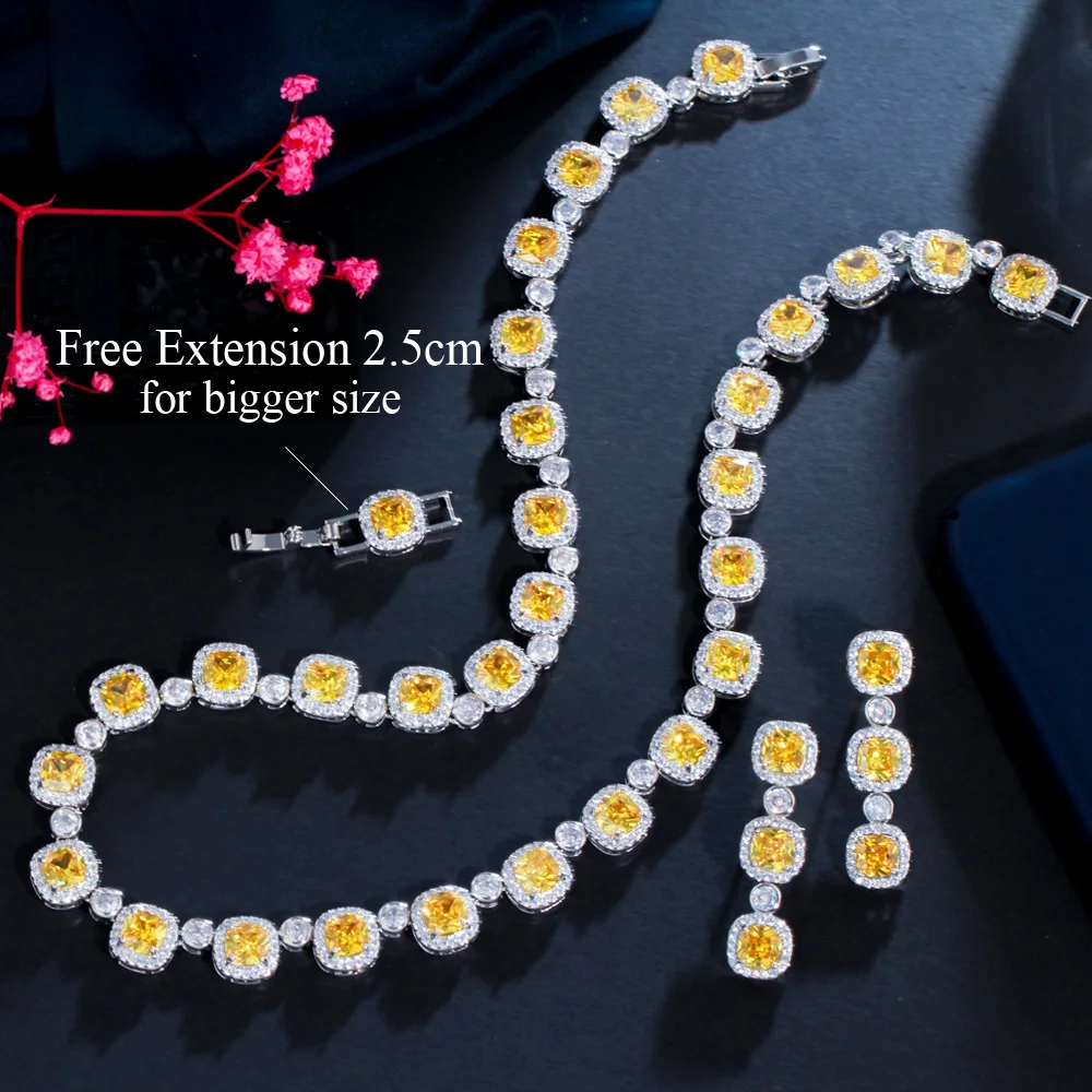 CWWZircons Super Shiny Square Yellow Cubic Zirconia Stone Bridal Necklace Jewelry Sets Luxury Wedding Banquet Accessories T590