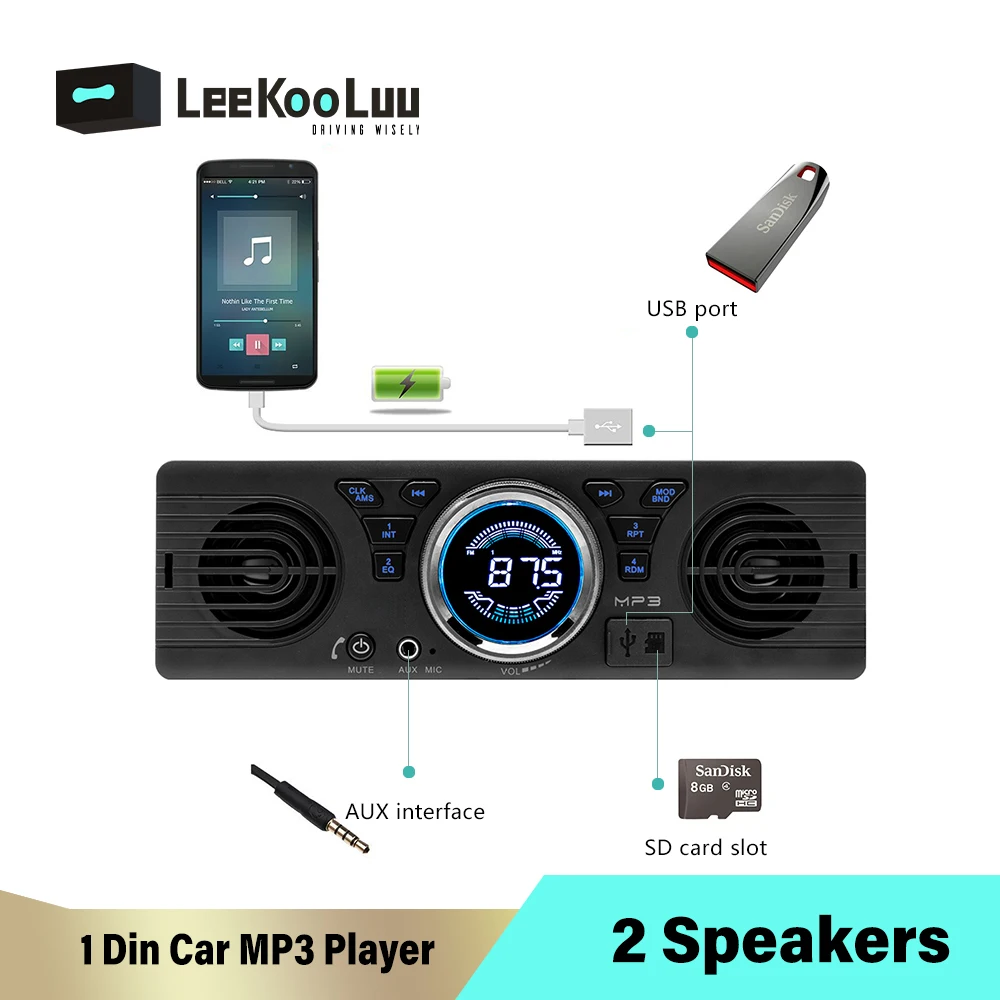 LeeKooLuu Autoradio Autoradio Stereo Bluetooth FM Aux SD USB In-dash 1 din Audio MP3 lettore multimediale incorporato 2 altoparlanti Mic