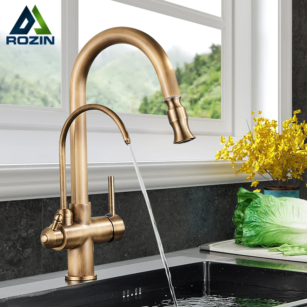 Rozin Filter Water Kitchen Faucet 2 in 1 Antique Brass Pull Out Nozzle Kitchen Purification Crane 2 Ways Swivel Mixer Tap