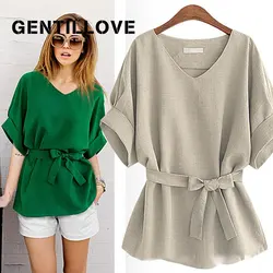 Summer V Neck Chiffon Women T Shirt Bat Short Sleeve Loose Casual Solid Color Fashion Tops Female Blouse With Sashes Lady